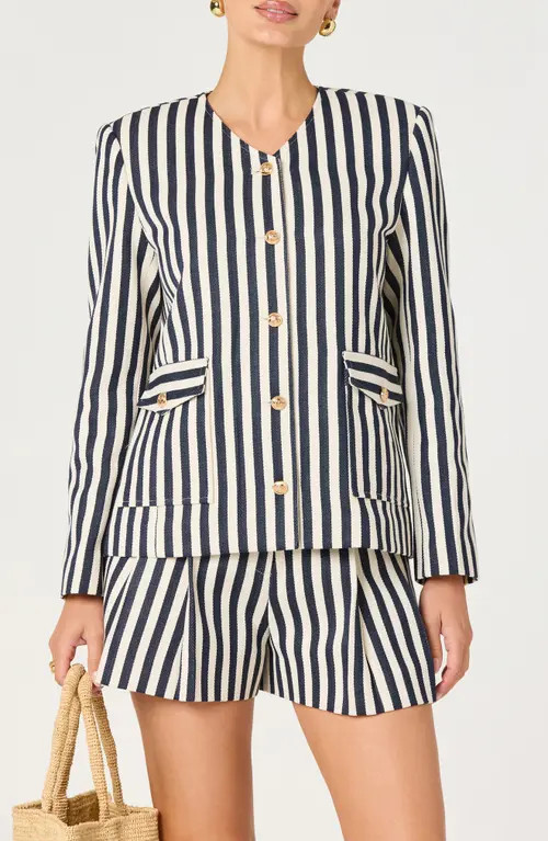 ASTR the Label Danae Stripe Denim Jacket in Cream Navy Stripe at Nordstrom, Size Small | Nordstrom
