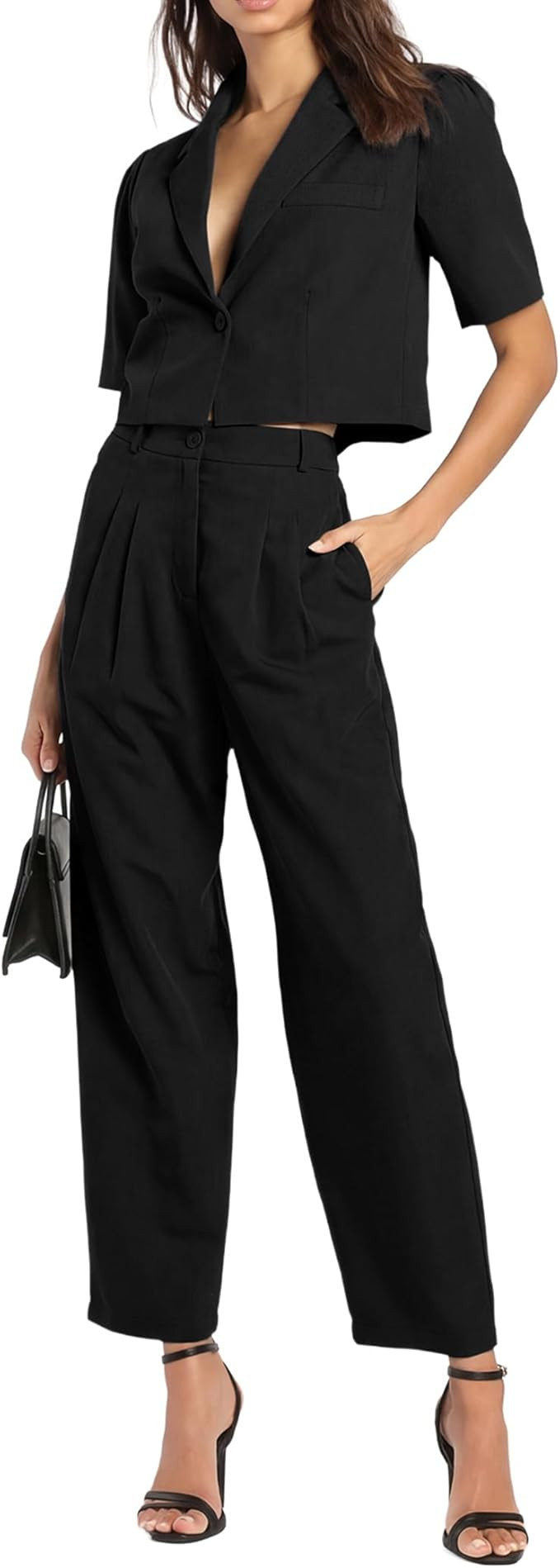 AGSEEM Womens Suits 2 Piece Set Business Short Sleeve Cropped Blazer and Wide Leg Pants Set Offic... | Amazon (US)