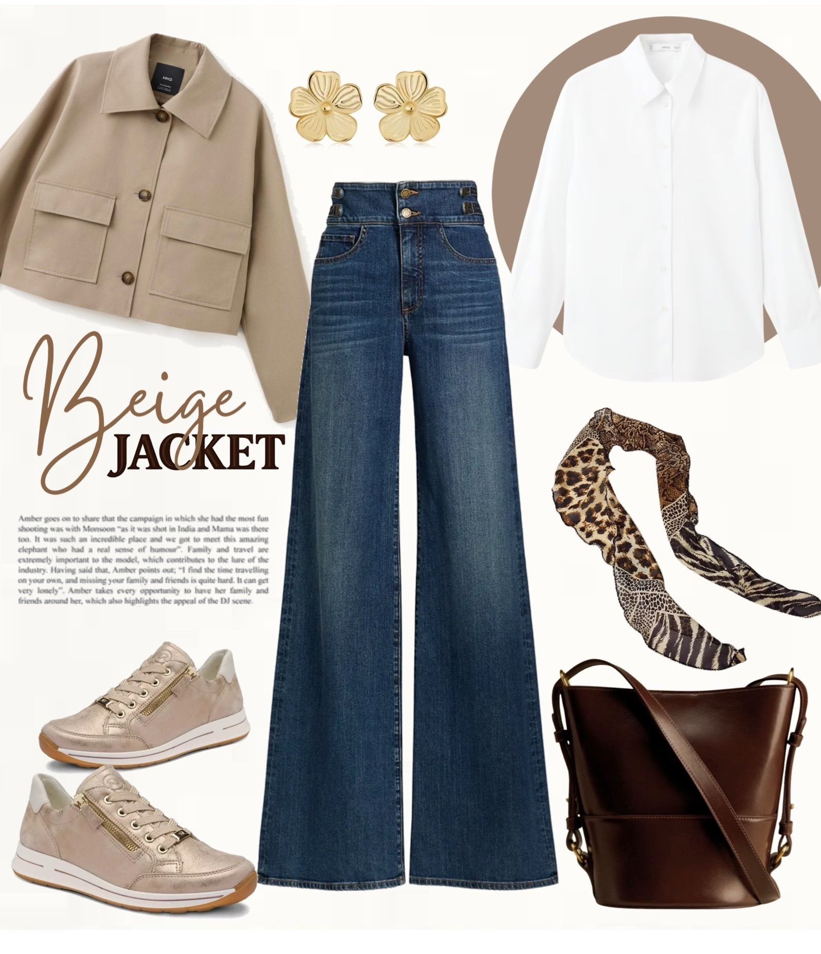 Effortless spring outfit built around a beige lightweight jacket with a structured fit, paired with a white button-down shirt for a clean, polished base. Styled with dark wash wide-leg jeans for a modern silhouette and beige sneakers with subtle gold details for a comfortable, elevated touch. Finished with a brown leather crossbody bag, gold floral earrings, and a neutral animal print scarf to add texture and interest.

#springoutfit #casualchic #effortlessstyle

#LTKOver40 #LTKootd #LTKSeasonal