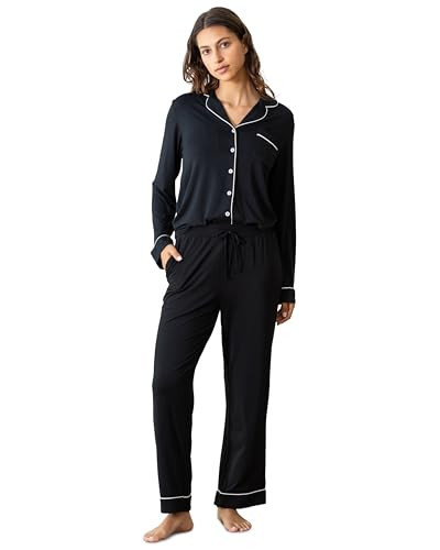 Cozy Earth 100% Viscose From Bamboo Long Sleeve Pajama Set For Women - Button-Up Sleepwear Black | Amazon (US)