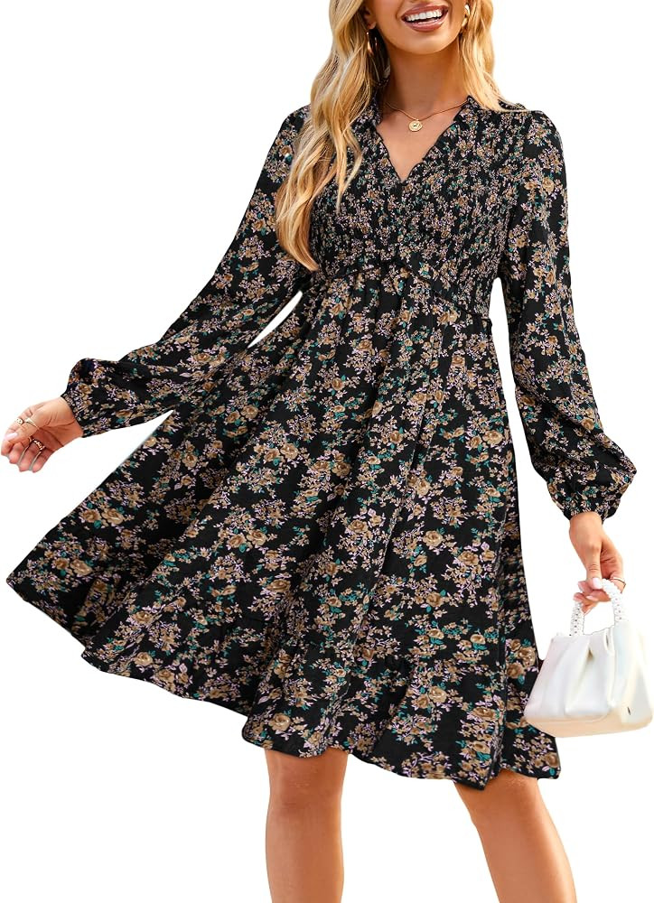 Simplee Womens 2025 Long Sleeve Babydoll Mini Dress Smocked Floral Fall Flowy Casual Short Dresse... | Amazon (US)