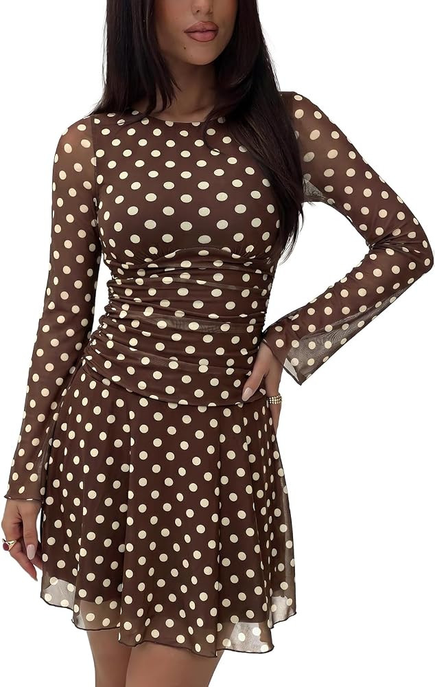REORIA Women\u2019s Y2K Boat Neck Sheer Mesh Ruched Long Sleeve Mini Dresses | Amazon (US)