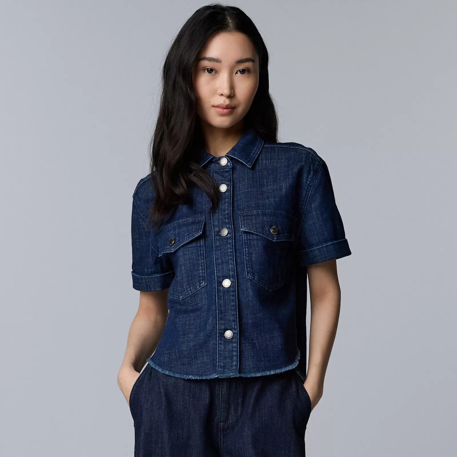 Women's Simply Vera Vera Wang Short Sleeve Denim Jacket, Size: Large, Toni Blue Rinse | Kohl's