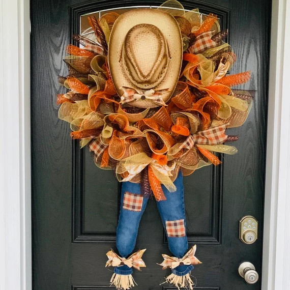 Fall Scarecrow Wreath , Scarecrow Cowboy Wreath , Fall Wreath with Scarecrow , Cowboy hat and jea... | Etsy (US)