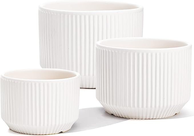 Youeon Set of 3 White Ceramic Planter 5/6.5/8.2 Inch Vertical Striped Plant Pot Ceramic Flower Po... | Amazon (US)