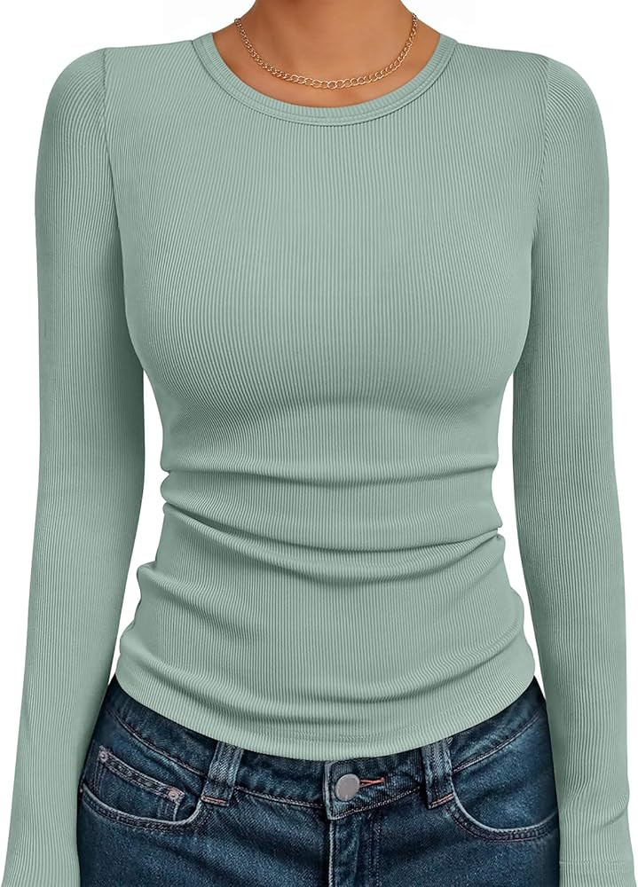 AUTOMET Women's Ribbed Long Sleeve Basic Top - Soft Stretch Crewneck Shirt for Work & Casual | Amazon (US)