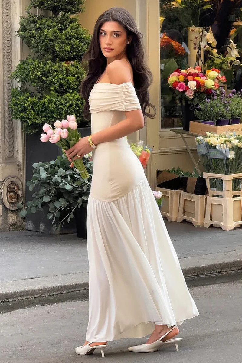 Venezia  Stone & White Bardot Puff-Skirt Maxi Dress | Club L London