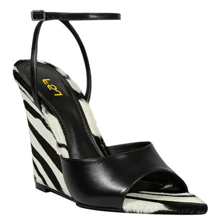 FSJ Women Pointed Open Toe Wedge Sandals with Ankle Strap Zebra Print Horse Hair Summer High Heels Size 8.5 Black and White Zebra | Walmart (US)