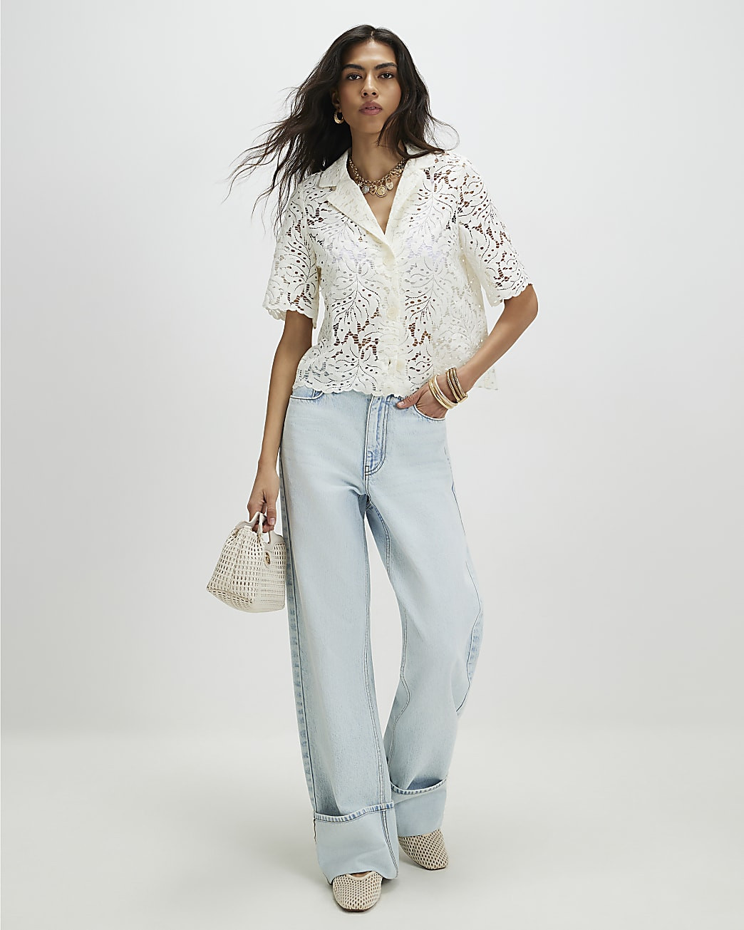 Cream Lace Short Sleeve Shirt | River Island UK & IE