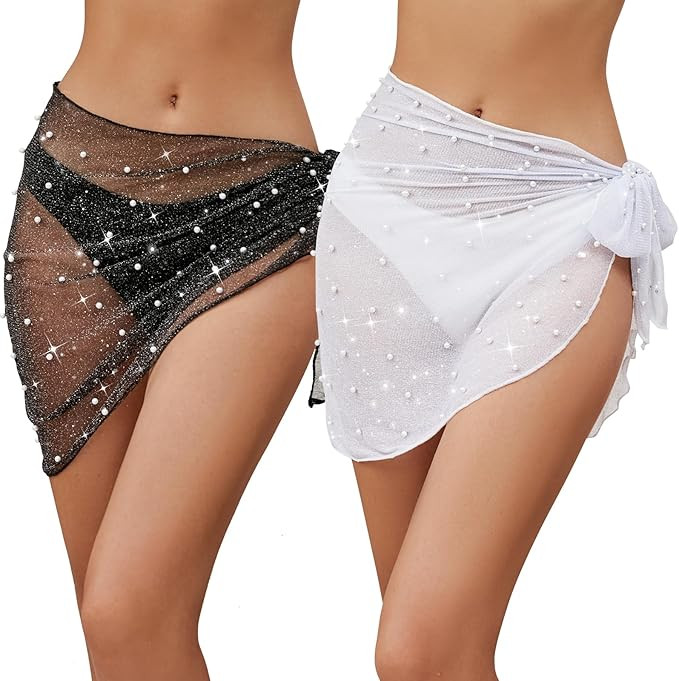 Beamuse 2 Pieces Pearl Crochet Skirt Cover Ups for Swimwear, Swimsuit Coverup Short Sarong Bathin... | Amazon (US)