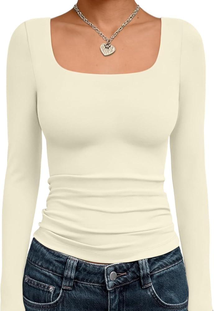 Trendy Queen Womens Long Sleeve Shirts Crop Tops Fall Fashion Solid Square Neck Going Out Basics ... | Amazon (US)