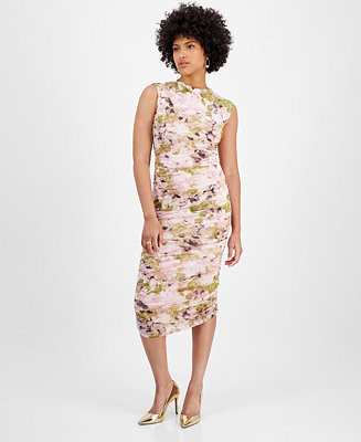 Bar III Women's Floral Mesh Ruched Sleeveless Dress, Exclusively at Macy's - Macy's | Macy's