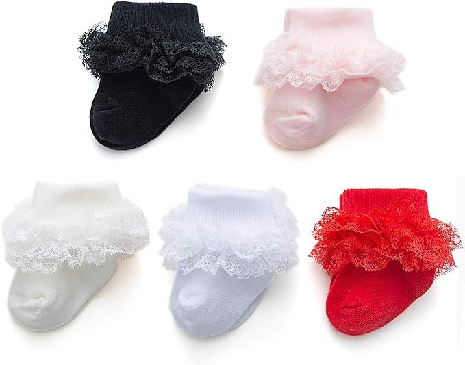 Epeius Baby-Girls Eyelet Turn Cuff Ruffle Lace Socks Triple Lace Dressy Socks Newborn/Infants/Tod... | Amazon (US)