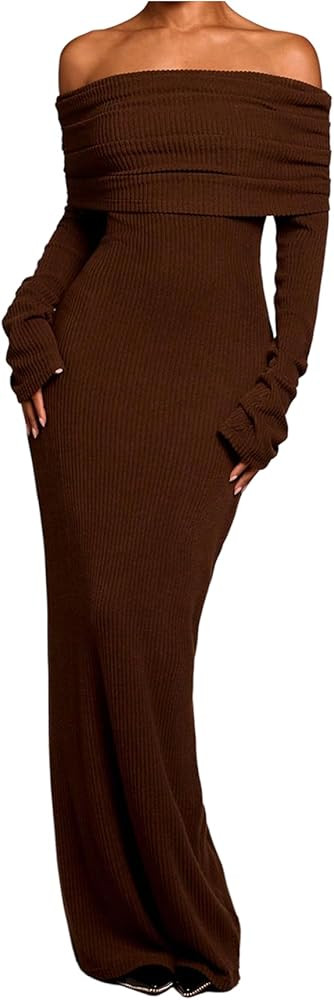Floerns Women's Off The Shoulder Maxi Dress Long Sleeve Bodycon Wedding Guest Dresses | Amazon (US)