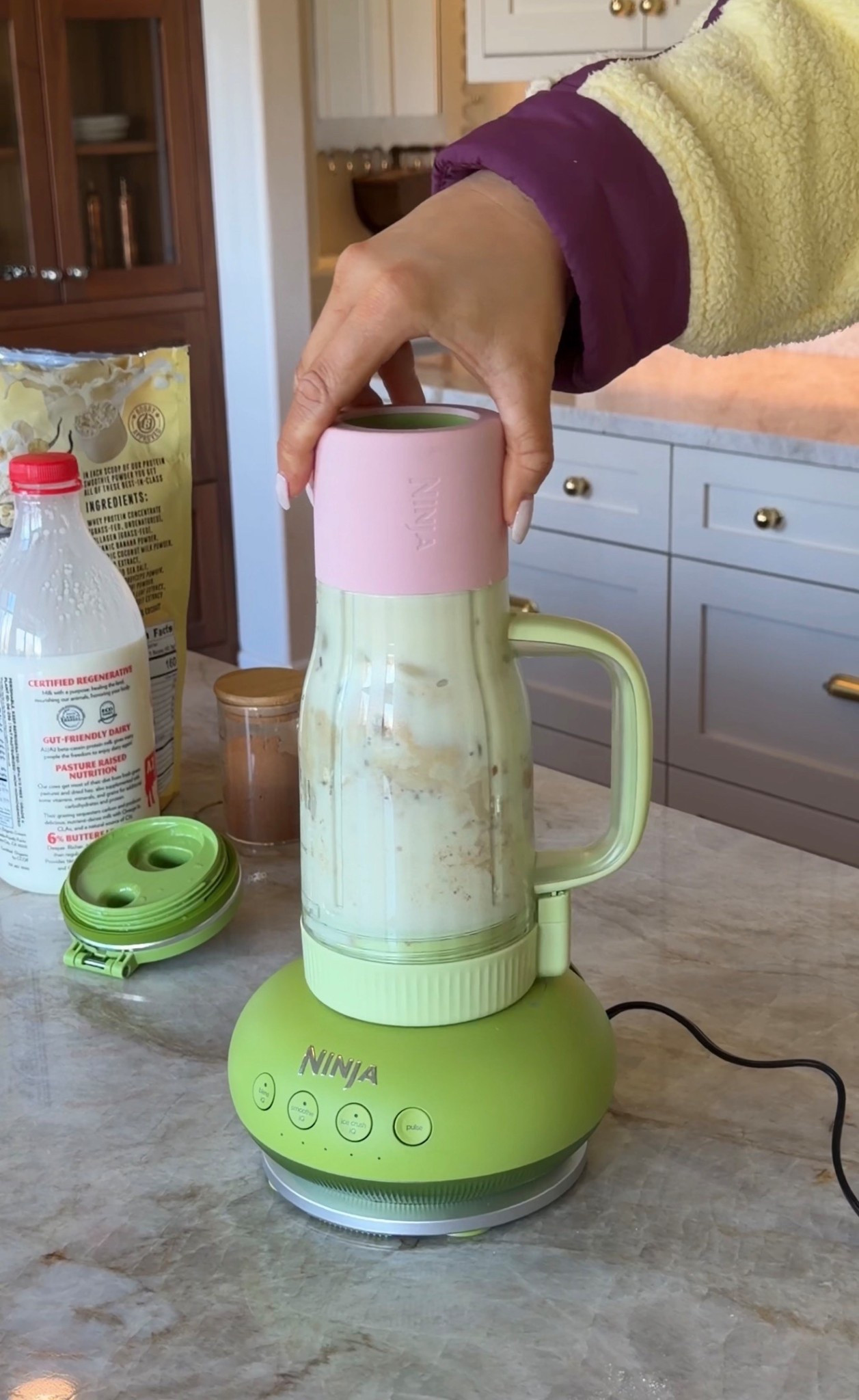 Obsessed with this ninja blender it’s a water bottle and blender in one. So clever and cute! Fave fleece zip up from free people movement it’s true to size M soft and washes well. Legging size 8 25” inseam I’m 5’ 5” 

#ninja #blendboss #freepeoplemovement #bresheppard #dayinmylife #morningroutine 

 #ltkfoodie #ltkdayinmylife