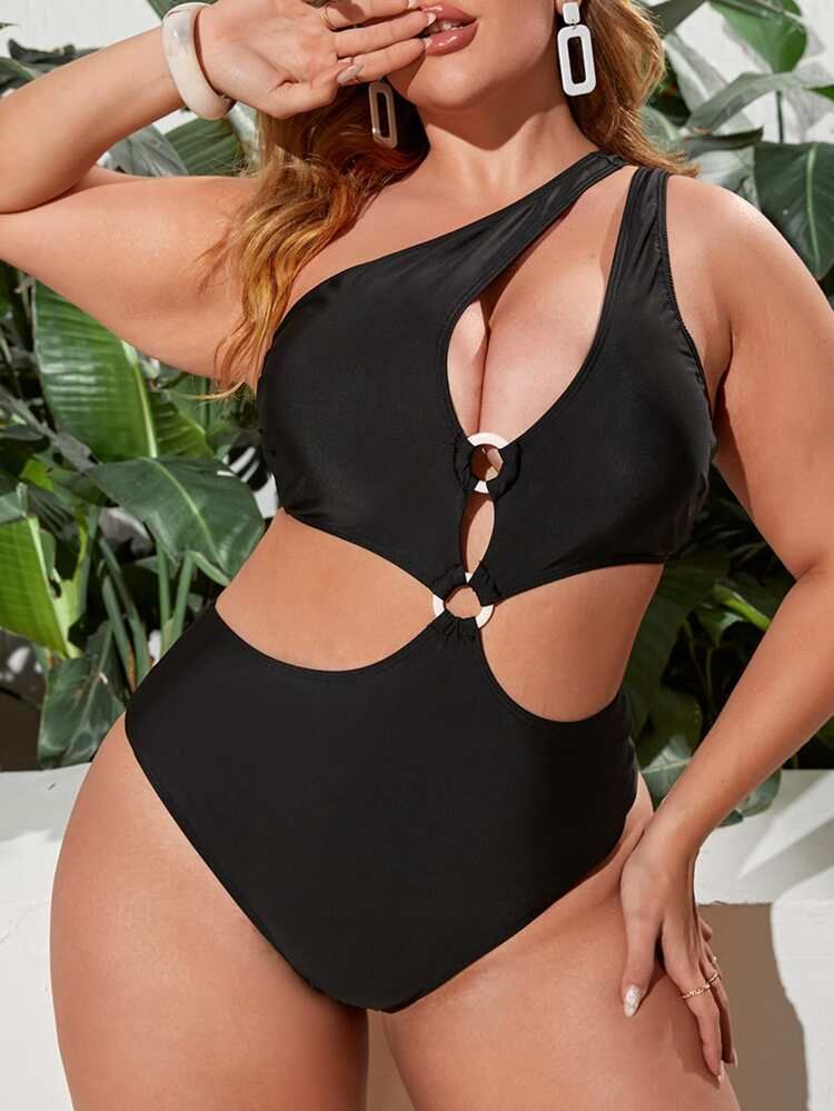 Plus Plain Ring Linked Cut-out One Piece Swimsuit | SHEIN