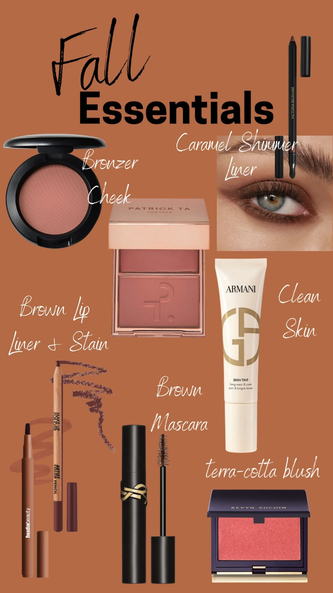Fall glam, but make it toasty. 🍁

Saved all products in one place - tap to shop the exact shades.

Face: clean satin skin
Eyes: caramel wash + brown tightline
Cheeks: terra-cotta flush + bronzer blush
Lips: brown liner + stain

Comment TOASTY and I’ll DM shade matches by undertone. 

 #LTKFallSale #LTKSeasonal #LTKBeauty