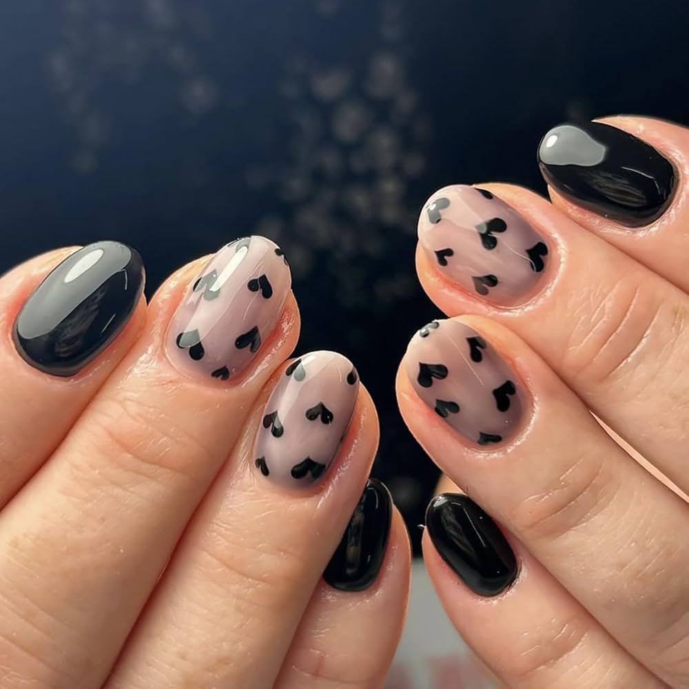 Valentine Press on Nails Short Almond Shape Fake Nails Black Heart Nails Press ons Glossy Valenti... | Amazon (US)