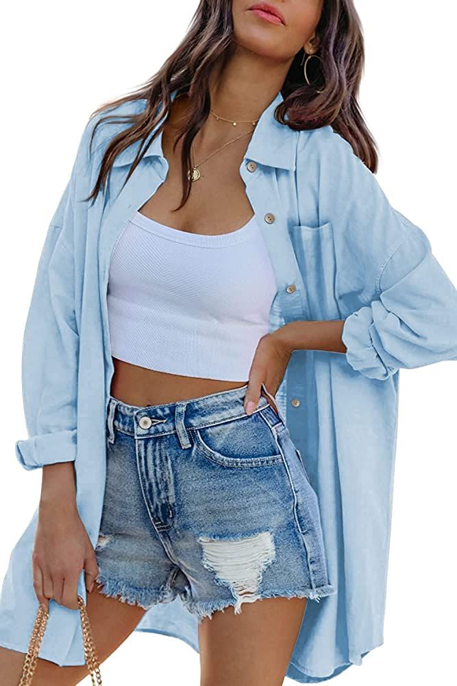 Women's Button Down Shirts Long Sleeve Blouse Oversized Loose Casual Dressy Tops | Amazon (US)