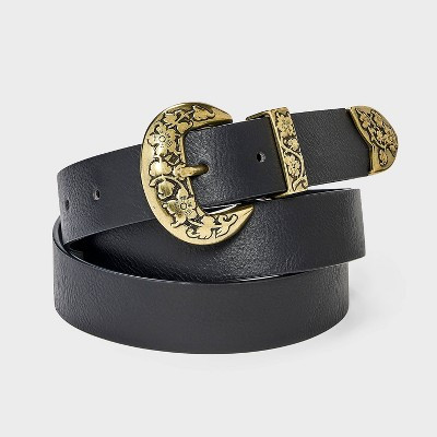 Western Rounded Floral Engraved Western Buckle Belt - Universal Thread™ Black/Gold XL | Target