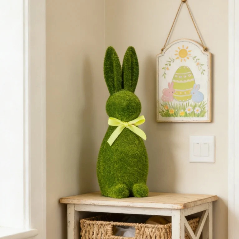 ElegantHaven Easter Bunny Decoration, 13.78in Lifelike Moss-Flocked Flocked Resin Bunny (Army Gre... | Walmart (US)