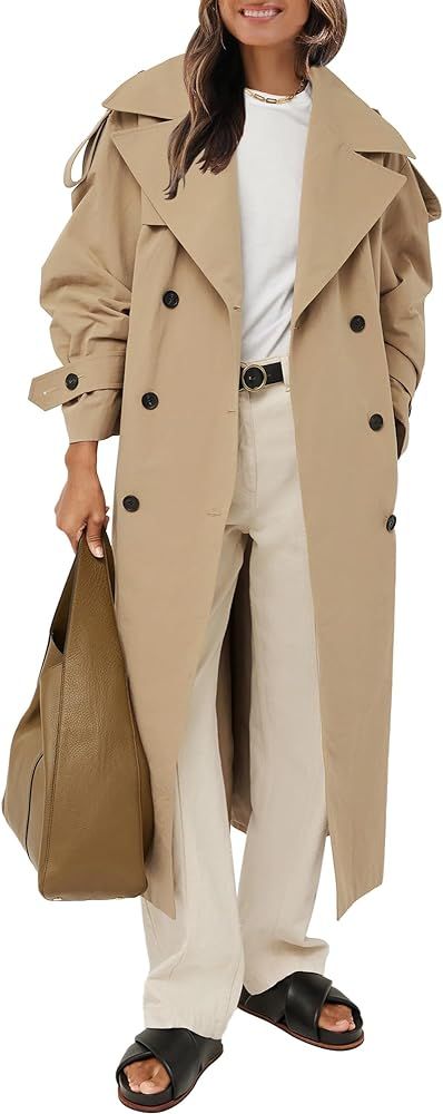 Farktop Womens Oversized Long Trench Coat Double Breasted Lapel Windproof Overcoat with Belt | Amazon (US)