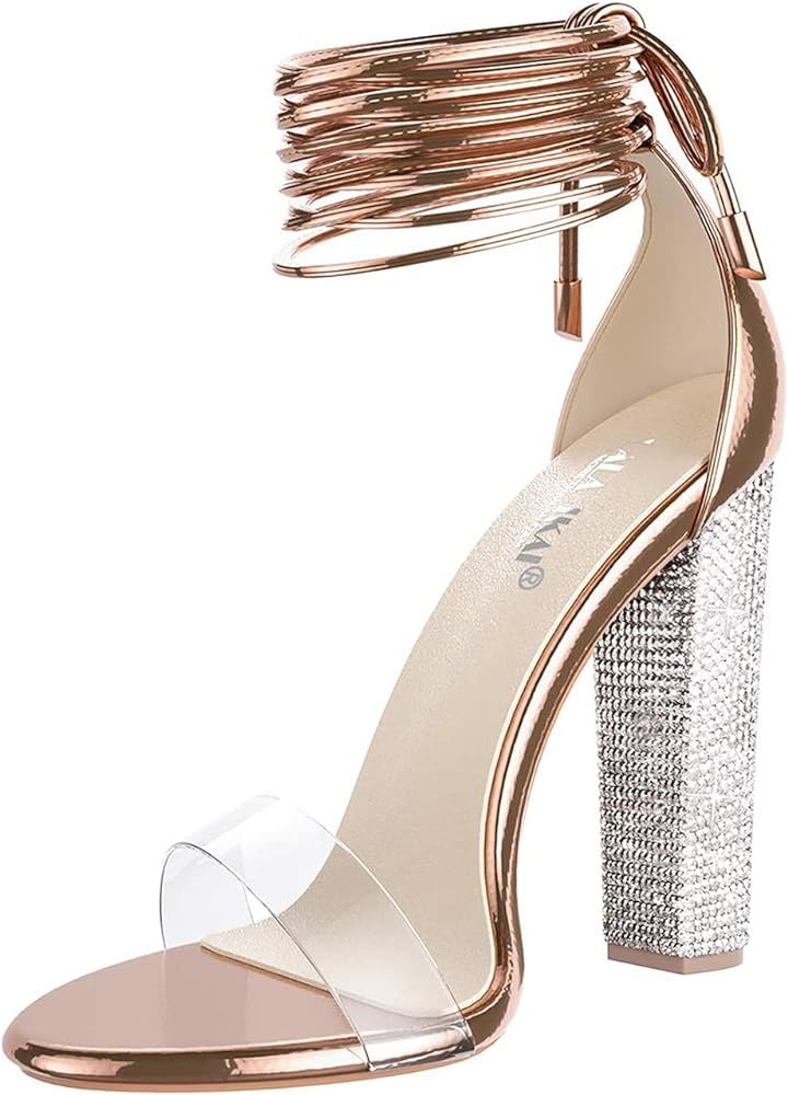 Women’s Gold High Heels Sandals with Rhinestone Ankle Strappy Clear Chunky Heels Dress Party Pumps S | Amazon (US)
