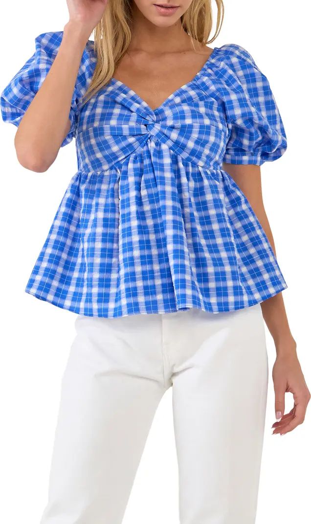 English Factory Twist Front Gingham Puff Sleeve Top | Nordstrom | Nordstrom