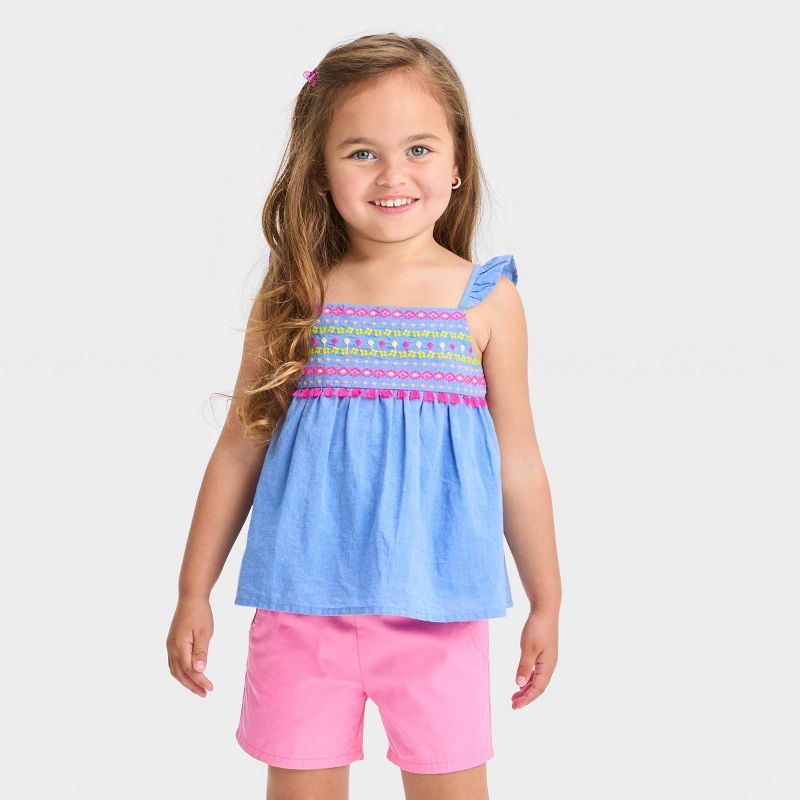 Toddler Girls' Embroidered Chambray Short Sleeve Shirt - Cat & Jack™ Blue | Target