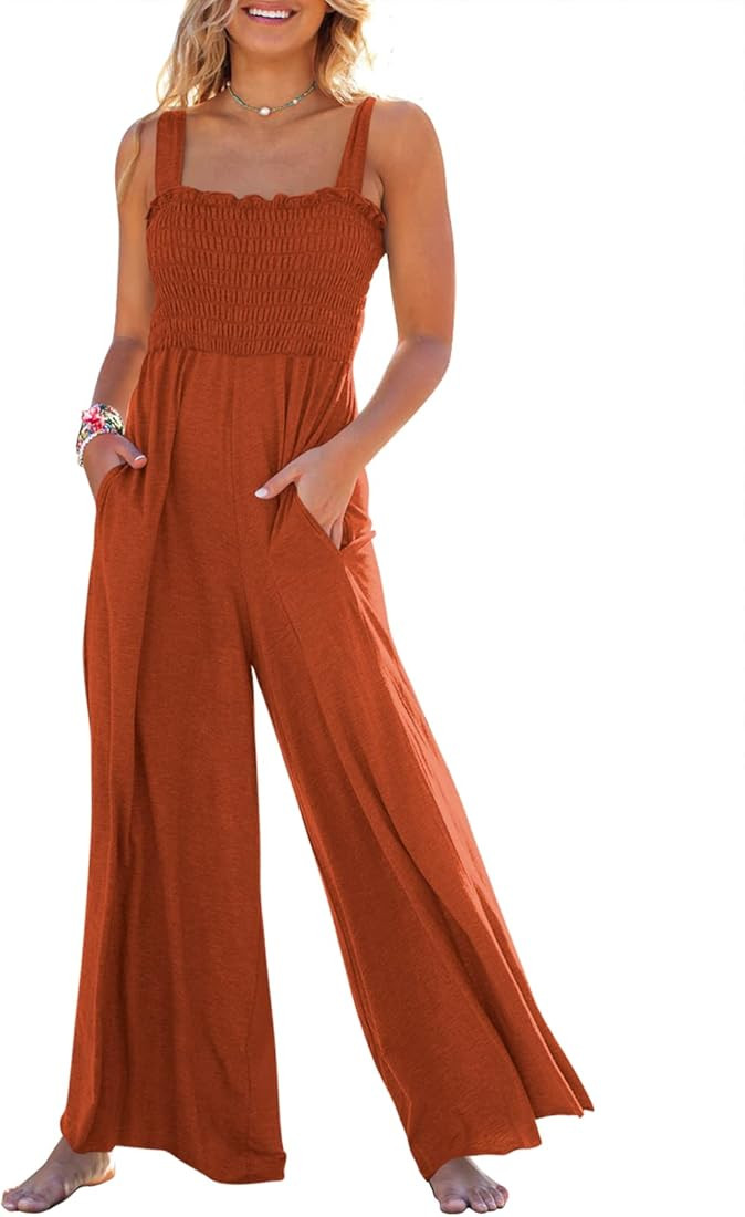 Caracilia Womens Casual Loose Sleeveless Tank Jumpsuits Square Collar Smocked Wide Leg Jumpsuit R... | Amazon (US)