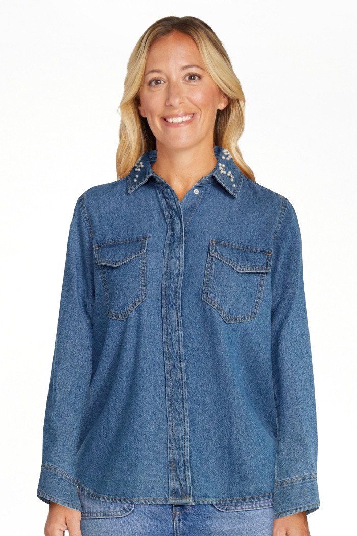 Free Assembly Women's Embellished Denim Shirt with Long Sleeves, Sizes XS-XXXL | Walmart (US)