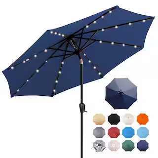 Sun-Ray 9 ft. Steel Round Market Solar Lighted Patio Umbrella with 8-Rib, 32-LED in Navy 841008 -... | The Home Depot