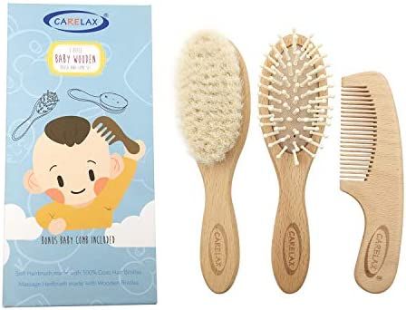 Baby Hair Brush & Comb Set, Organic Wooden Hairbrush Natural Goat Bristles 3-Piece for Newborns &... | Amazon (US)