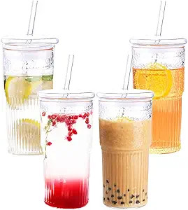 4 Packs 22 oz Glass Cups with Lids and Straws, Ribbed Coffee Mug, Tumbler Water Glass, Reusable W... | Amazon (US)