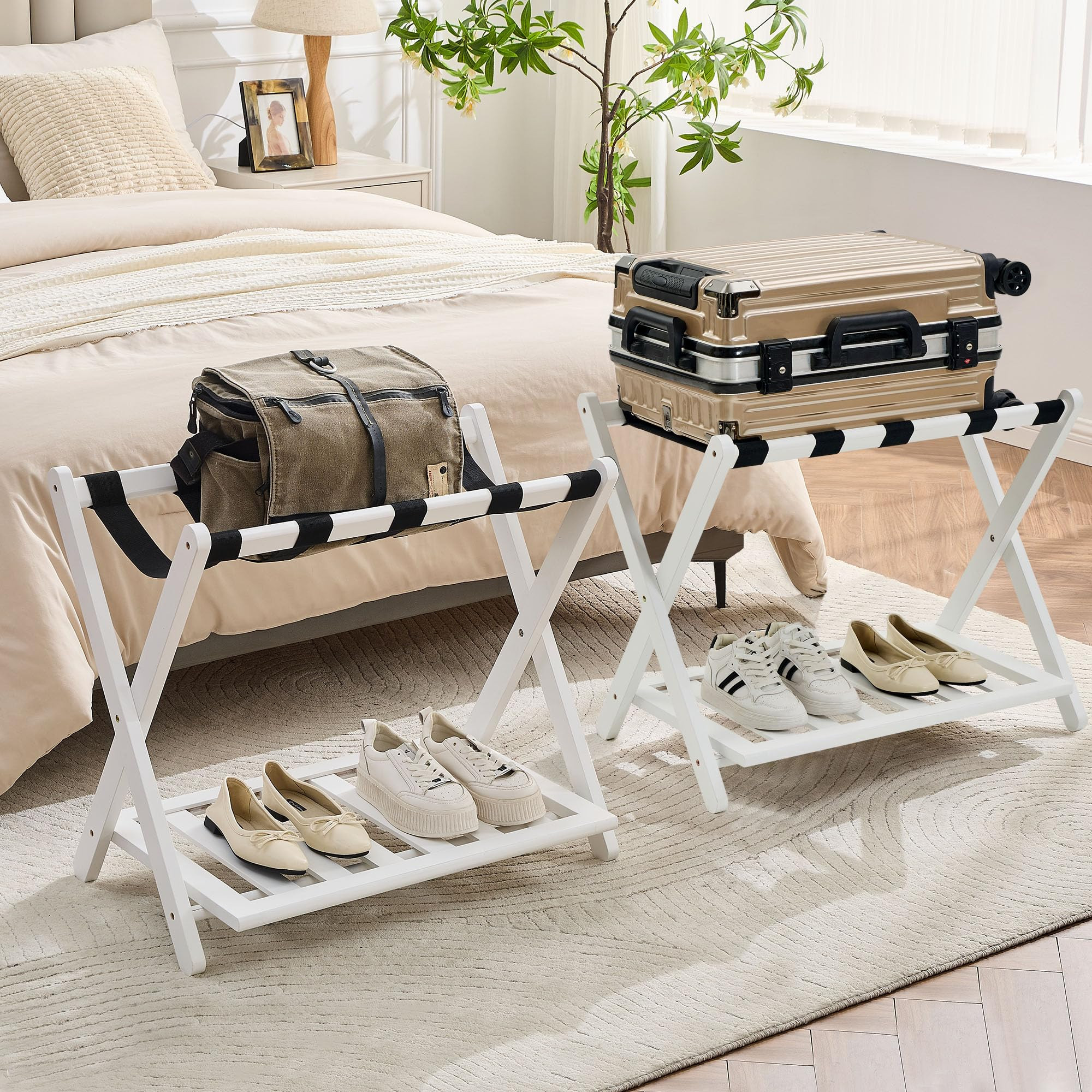 Fully Assembled Luggage Racks Pack of 2, Upgraded Bamboo Foldable Suitcase Stand with 5 Nylon Str... | Amazon (US)