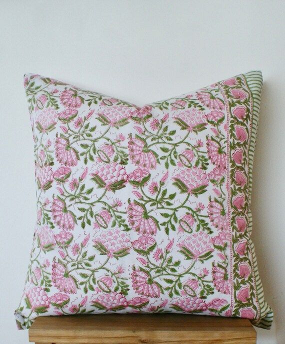22x22 Pink Hand Block Print Floral Pillow // Pink Green Flower - Etsy | Etsy (US)