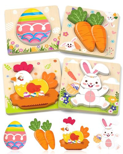 Kidific Easter Wooden Puzzles Toys for Toddler, 4 Pack Easter Basket Stuffers Party Favors Birthday Gifts Essentials Montessori Toys Puzzles for Kids Girls Boys | Amazon (US)