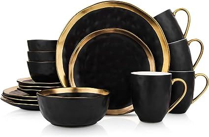 Stone Lain Porcelain 16 Piece Dinnerware Set, Service for 4, Black and Golden Rim       Send to L... | Amazon (US)