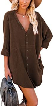 iGENJUN Women's Long Sleeve Button Down Oversized Tunic Dress Shirt Boho Dresses with Pockets | Amazon (US)
