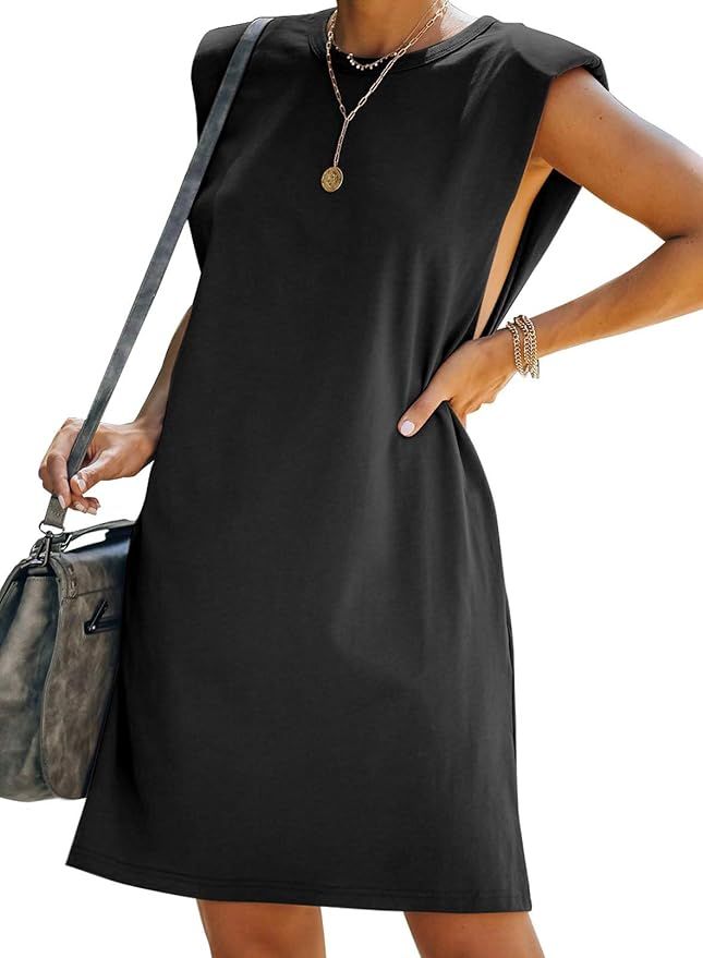 AlvaQ Women's Summer Shoulder Pad Sleeveless Tshirt Dress Loose Casual Swing Short Mini Dress | Amazon (US)