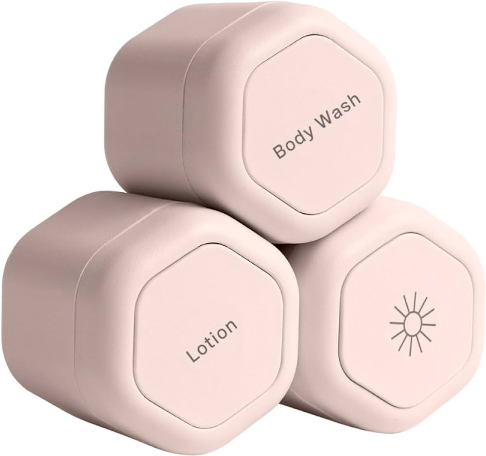 Cadence Travel Containers - Body Care Capsule Set - Magnetic Travel Capsules - For Body Wash, Lotions, Sunscreens - 3 Flex Mediums (1.32oz) with Body Wash, Lotion, & Sun Icon Labels - Petal | Amazon (US)