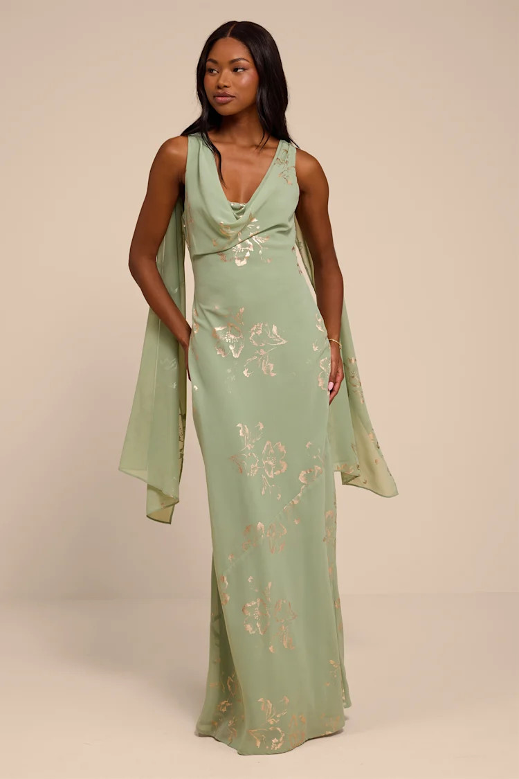 Sidonia Sage and Gold Floral Cowl Sash Maxi Dress | Lulus