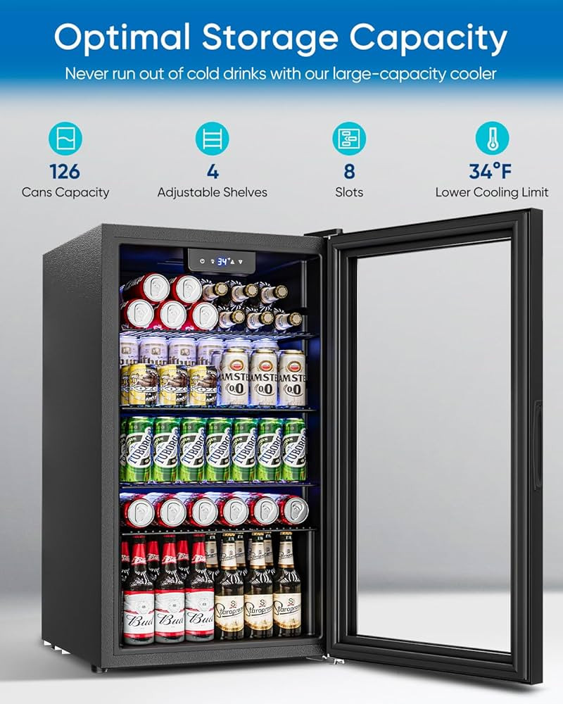 Amazon.com: Feelfunn 3.2 Cu.Ft Mini Fridge with Glass Door - 126 Can Beverage Refrigerator Cooler for Drink Beer Wine Soda, Small Fridge for Bedroom Office Bar Dorm, 4 Adjustable Shelves, Black : Appliances | Amazon (US)
