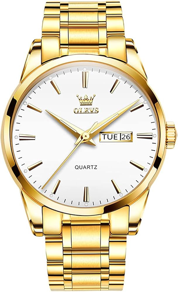 OLEVS Men's Luxury Stainless Steel Watch, Big Face Gold Silver Two Tone Three Hand Analog Quartz ... | Amazon (US)