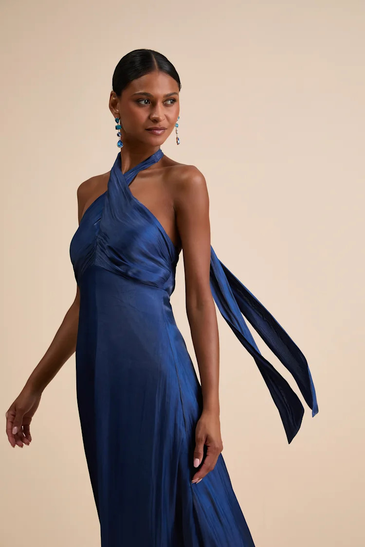 Canley Blue Satin Cross-Front Halter Maxi Dress | Lulus