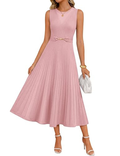 ZESICA Womens Spring Sleeveless Midi Sweater Dress 2026 Summer Casual Pleated A Line Flowy Knit Long Dresses with Belt Pink Small | Amazon (US)