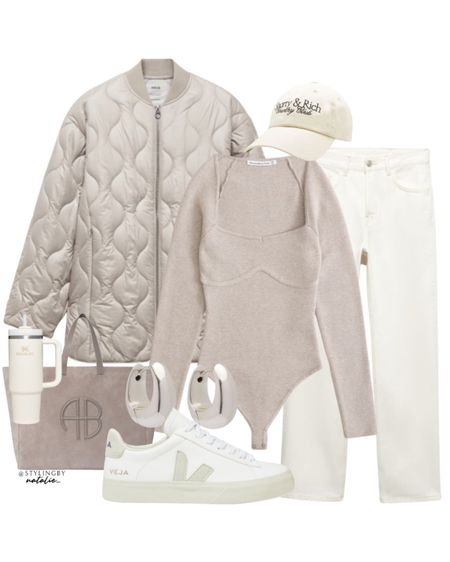 Quilted jacket, knitwear bodysuit, white jeans, Veja campo sneakers, silver hoops, baseball cap. Athleisure outfit, winter outfit, everyday outfit.

#LTKSeasonal #LTKeurope #LTKstyletip