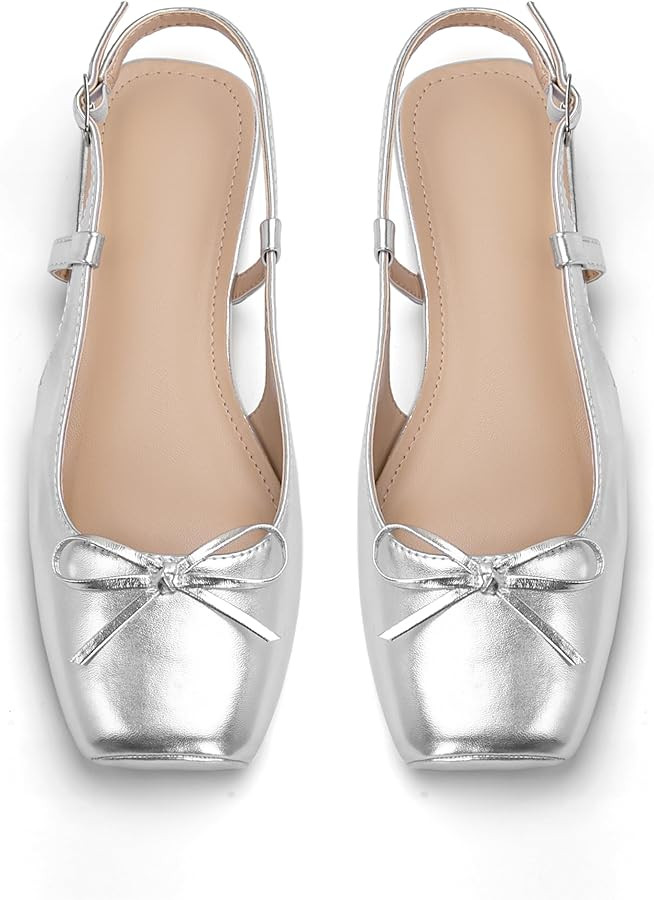 Women's Ballet Flats Slingbacks Square Toe Bow Knit Dressy Flat Shoes with Ankle Buckles Satin | Amazon (US)