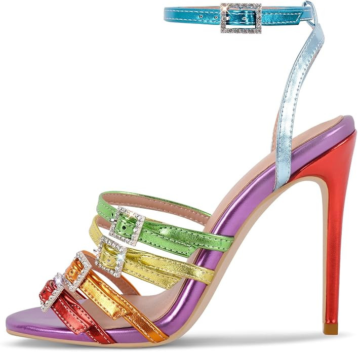 sexytag Women's Rhinestone Buckle Metallic Ankle Strap Strappy High Heel Sandals Multicolor Open ... | Amazon (US)