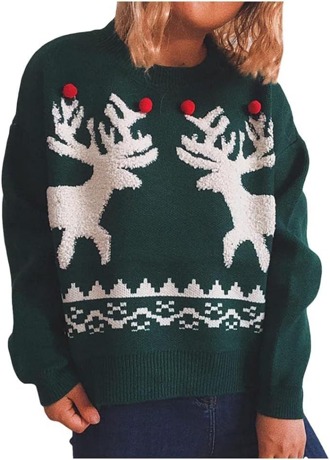 Ugly Christmas Sweater for Women,Christmas Knitted Sweater,Long Sleeve Elk Snowflake Reindeer Swe... | Amazon (US)